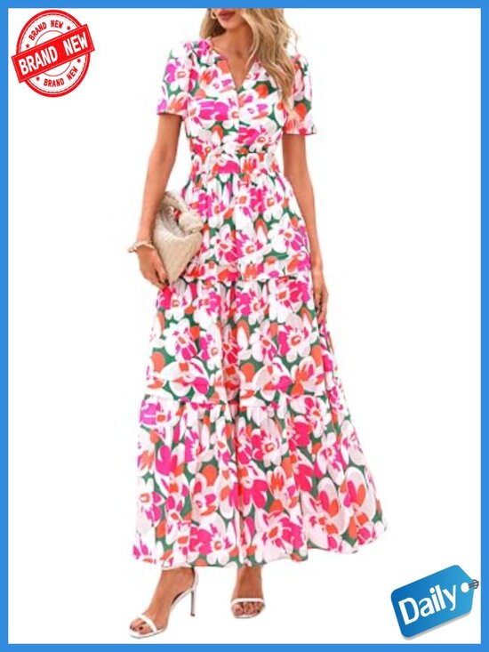 Dresses & Skirts - Women's Boho Floral Maxi Dress Tiered A-Line Elastic Waist with Pockets